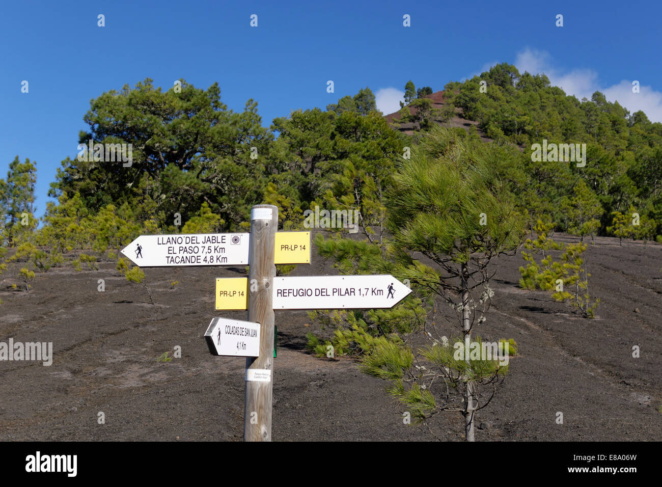 Signposts for Hikers, Llano de Jable near El Paso, La Palma, Canary Islands, Spain Stock Photo