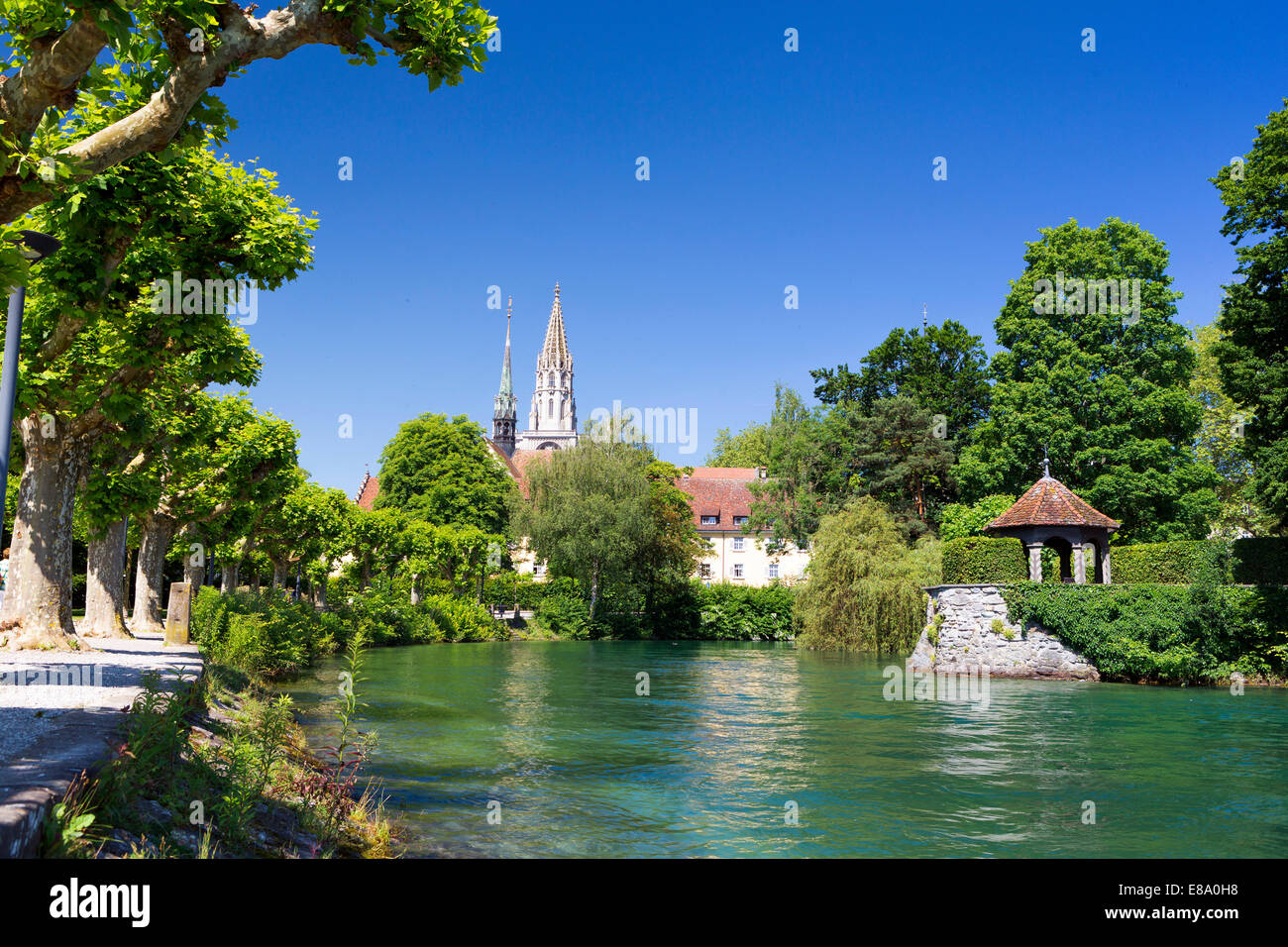 Minster of Our Lady with Lake Constance in the front and the Pavilion of Dominicans Island, Konstanz, Baden-Württemberg Stock Photo