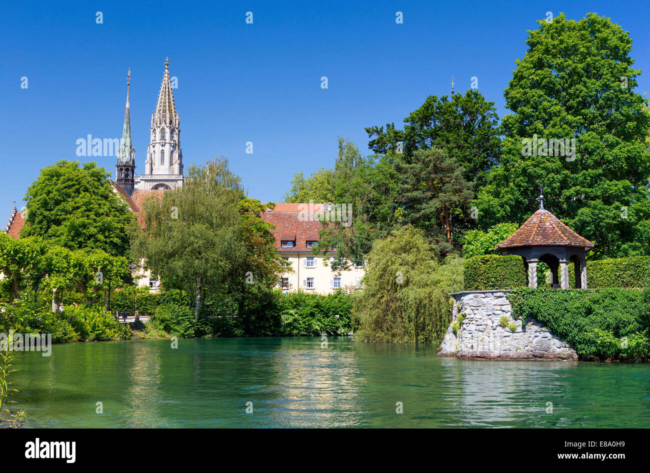 Minster of Our Lady with Lake Constance in the front and the Pavilion of Dominicans Island, Konstanz, Baden-Württemberg Stock Photo