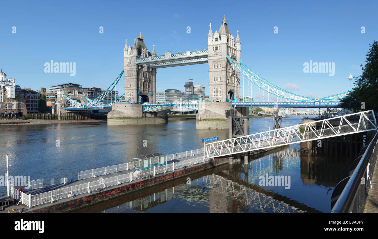 View from St. Katherine Pier across Tower Bridge to City Hall, London, England, United Kingdom Stock Photo