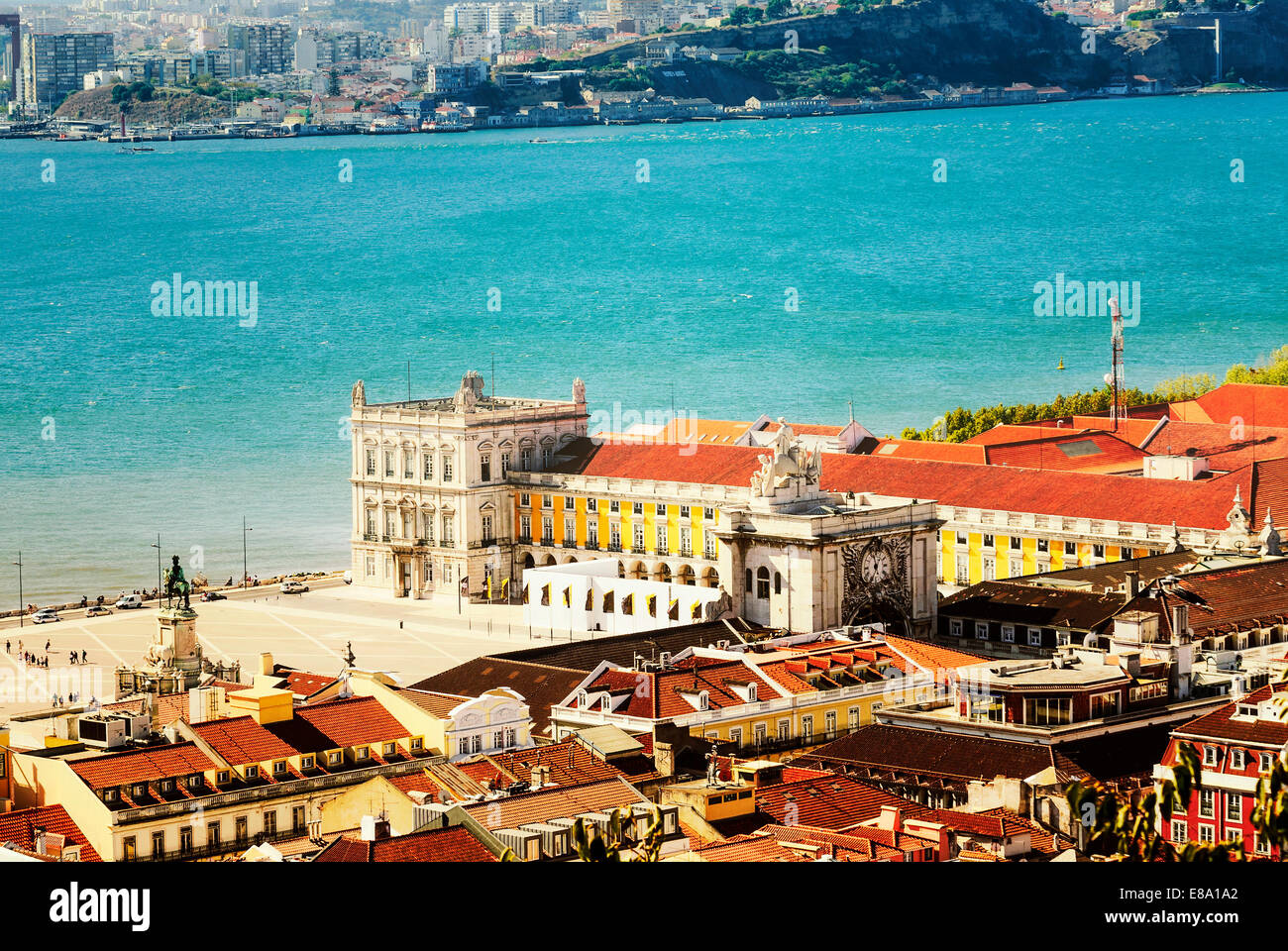 view of commerce place in Lisbon, Baixa district near the famous Tage river Stock Photo