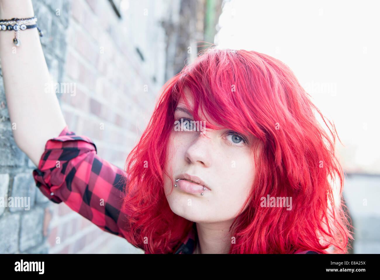 Close Up Punk Teenage Girl Piercings Dyed Hair Stock Photo