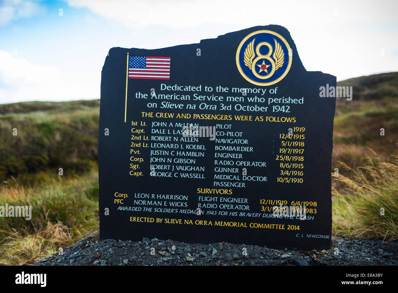 Memorial to USAF B17 Bomber Crew Slieve Na Orra County Antrim Northern Ireland Stock Photo