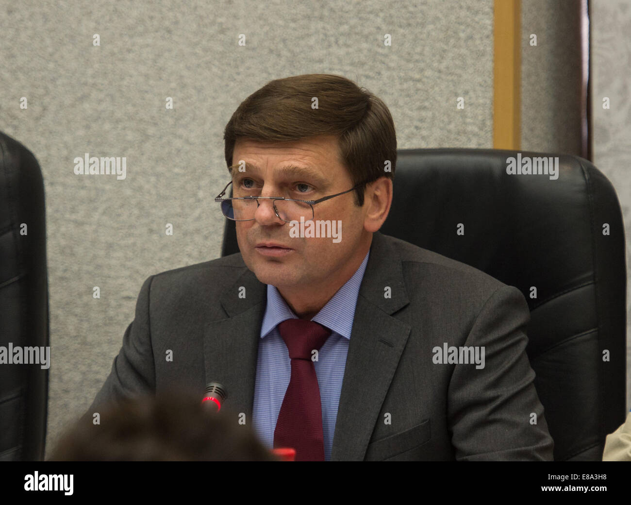Oleg Ostapenko, General Director of the Russian Federal Space Agency (Roscosmos), makes remarks during the State Commission meet Stock Photo