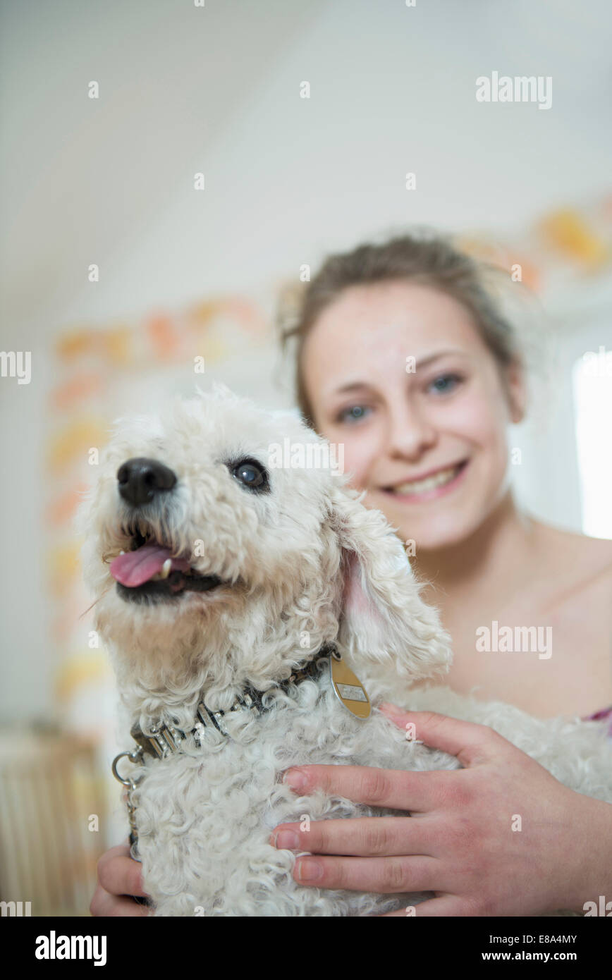 Portrait of girl with her dog, smiling Stock Photo - Alamy
