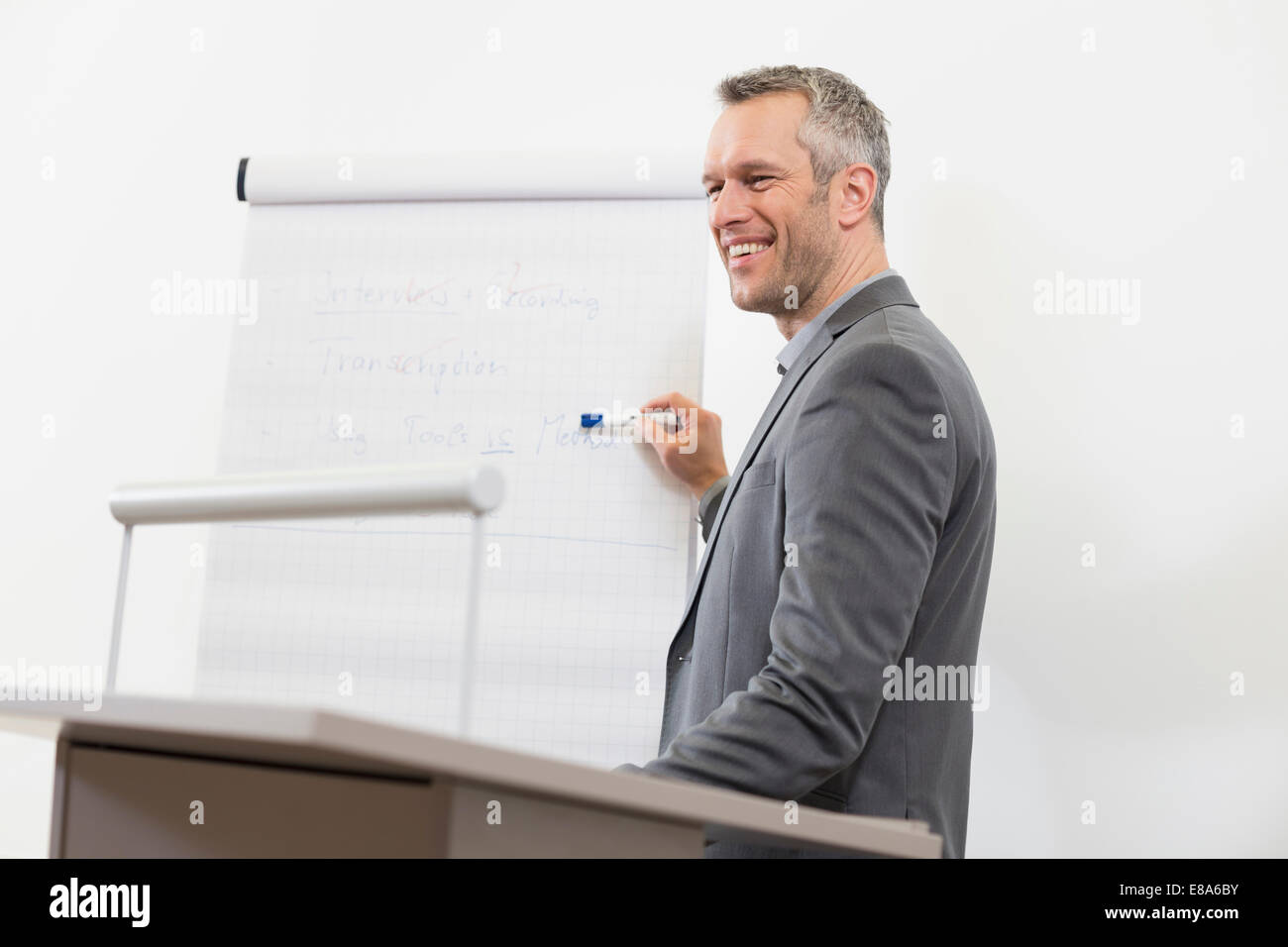 Businessman At Speaker Desk With Flip Chart In Auditorium Stock