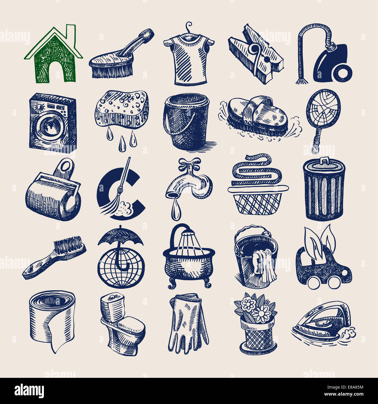 25 hand drawing doodle icon set, cleaning and hygiene service Stock Photo