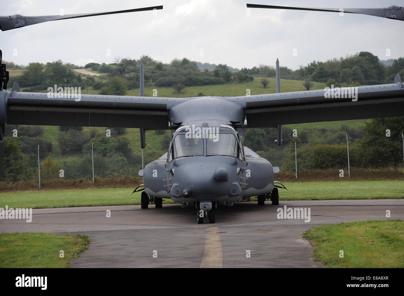 A U.S. Air Force CV22B Osprey tiltrotor aircraft sits at the