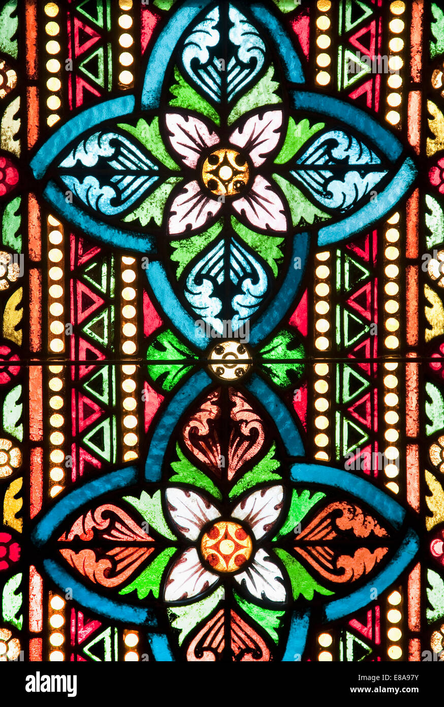 View of stained glass window in Mathias Church, Budapest, Hungary Stock Photo