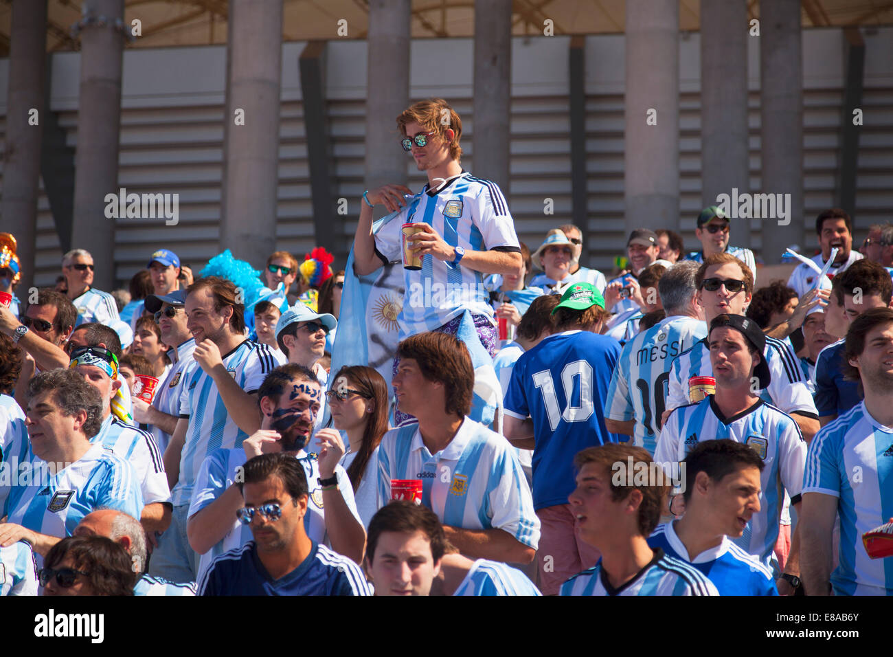 Argentinian football fans outside National Mane Garrincha Stadium for World Cup match, Brasilia, Federal District, Brazil Stock Photo