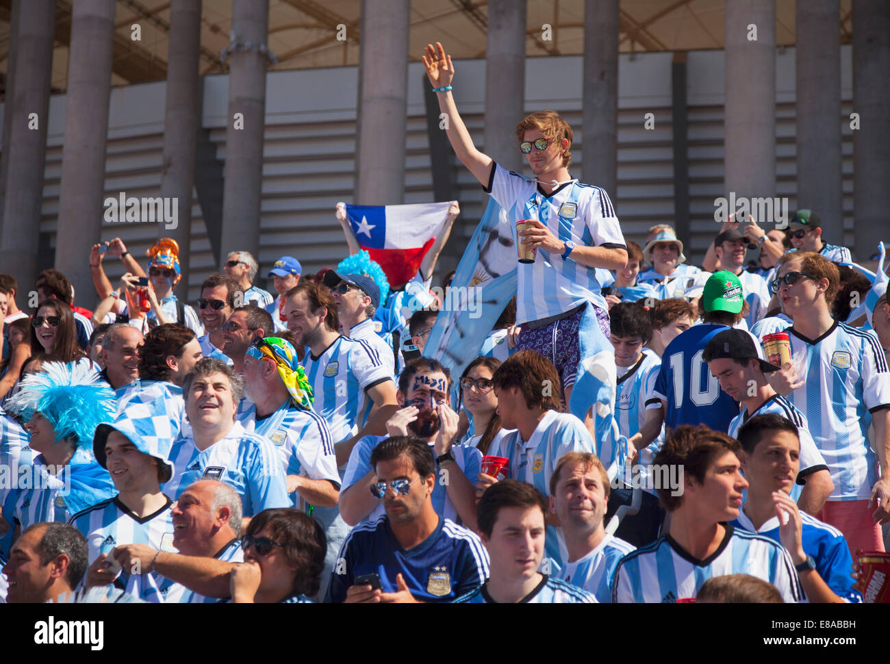 Argentinian football fans outside National Mane Garrincha Stadium for World Cup match, Brasilia, Federal District, Brazil Stock Photo