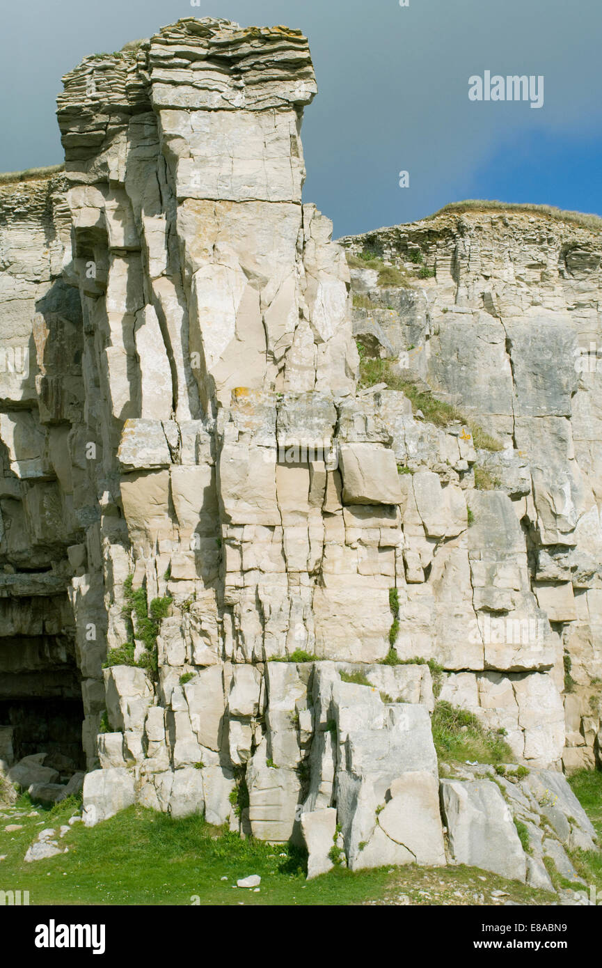 Limestone rock face at Winspit Quarry in Dorset a popular climbing
