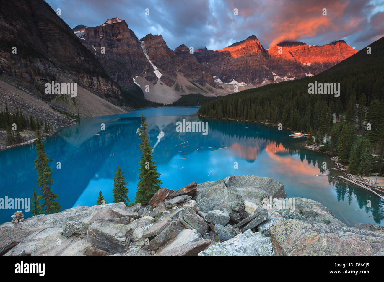Lake Moraine by sunrise. Banff National Park, Alberta, Canada. Stock Photo
