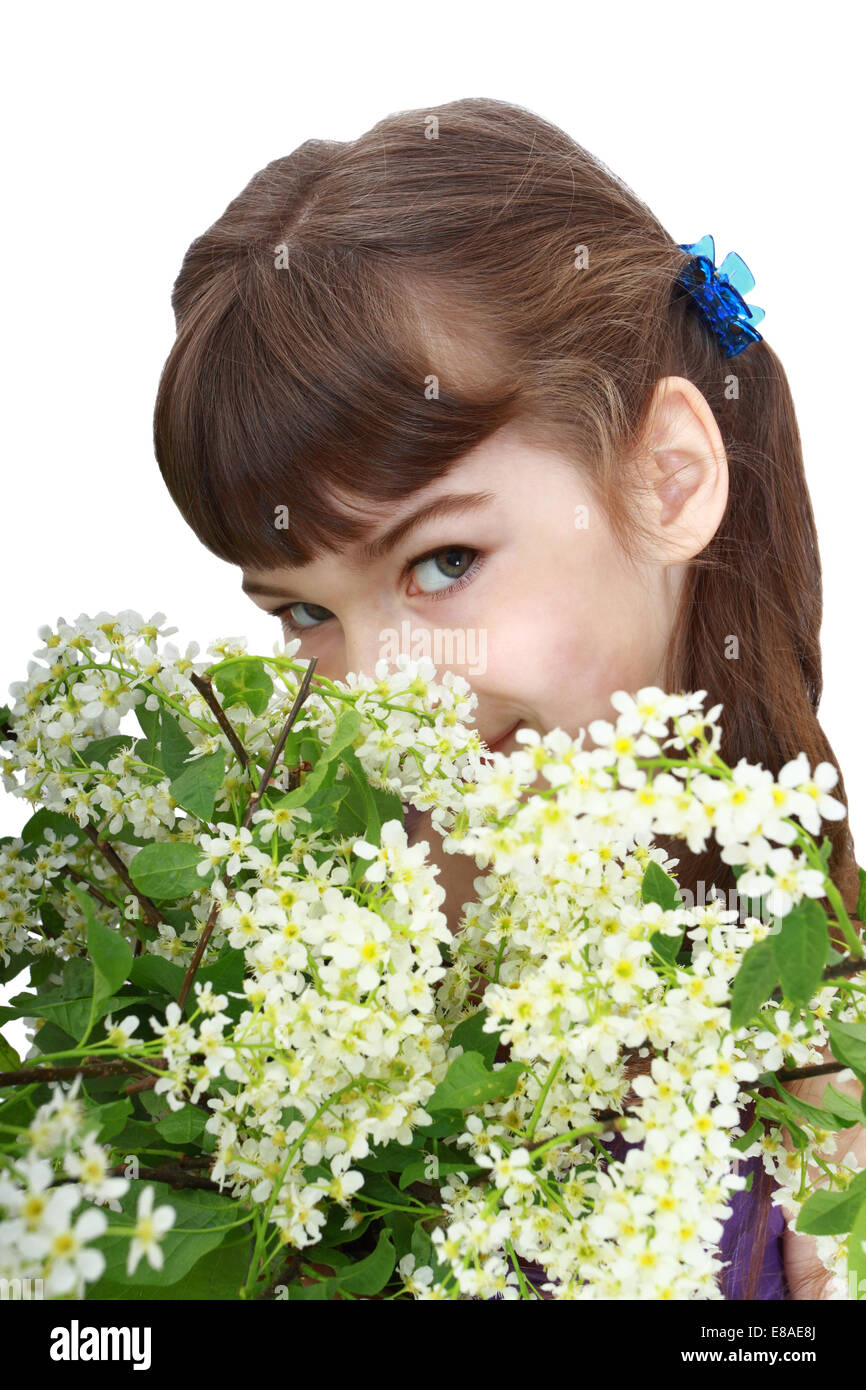 Girl with flowers closeup portrait isolated on white background Stock Photo