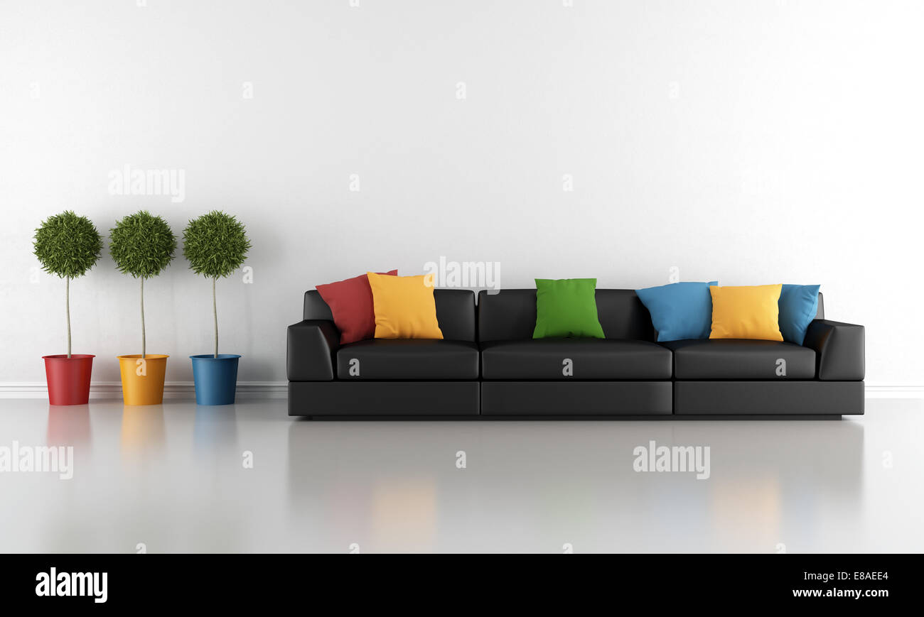 Contemporary living room with black sofa and colorful cushion Stock