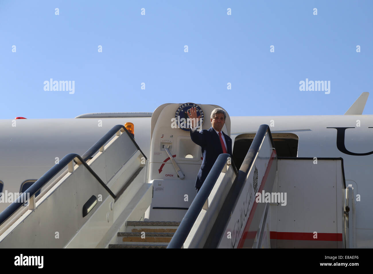 U.S. Secretary of State John Kerry departs Amman, Jordan on September 11, 2014. Stock Photo