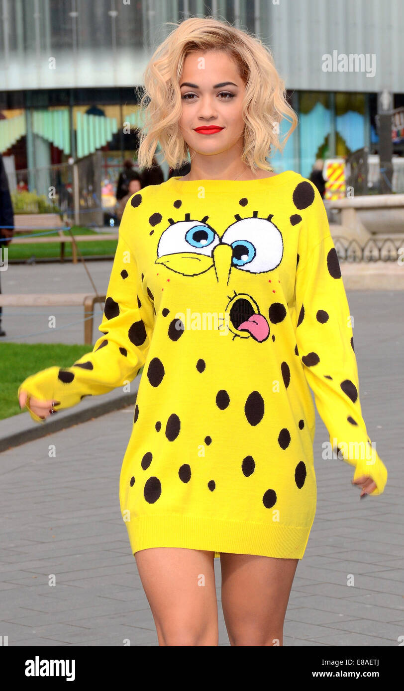 Rita Ora in Leicester Square wearing a Spongebob Squarepants outfit to ...