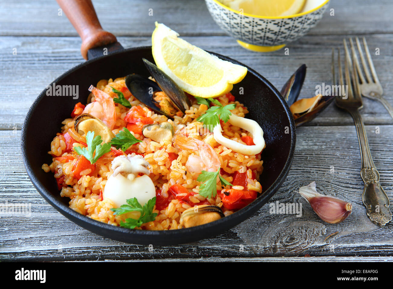 Paella with rice and seafood, delicious food Stock Photo