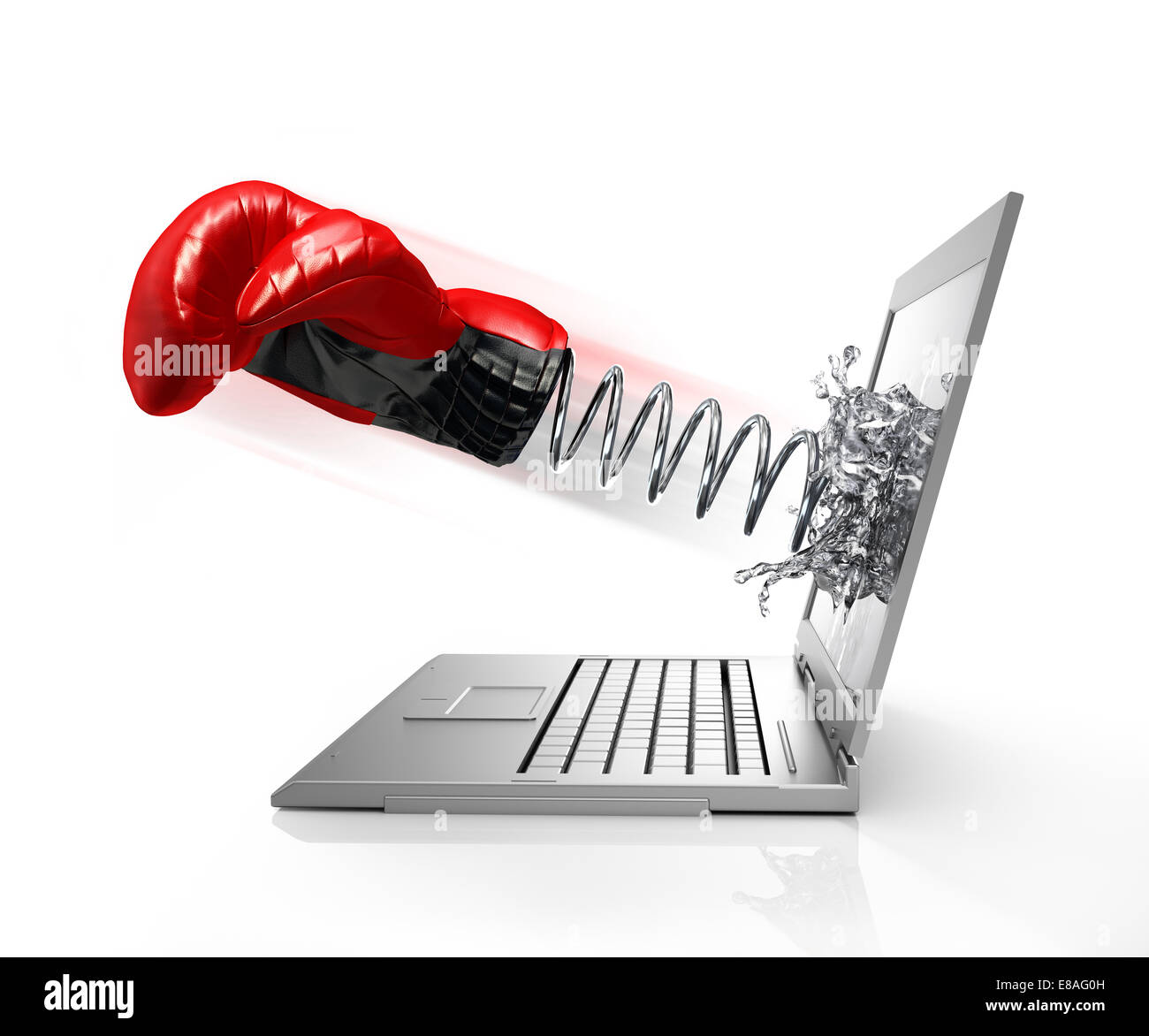 Boxing glove with spring coming out from computer screen, forming a splash from liquid crystals. On white background. Stock Photo