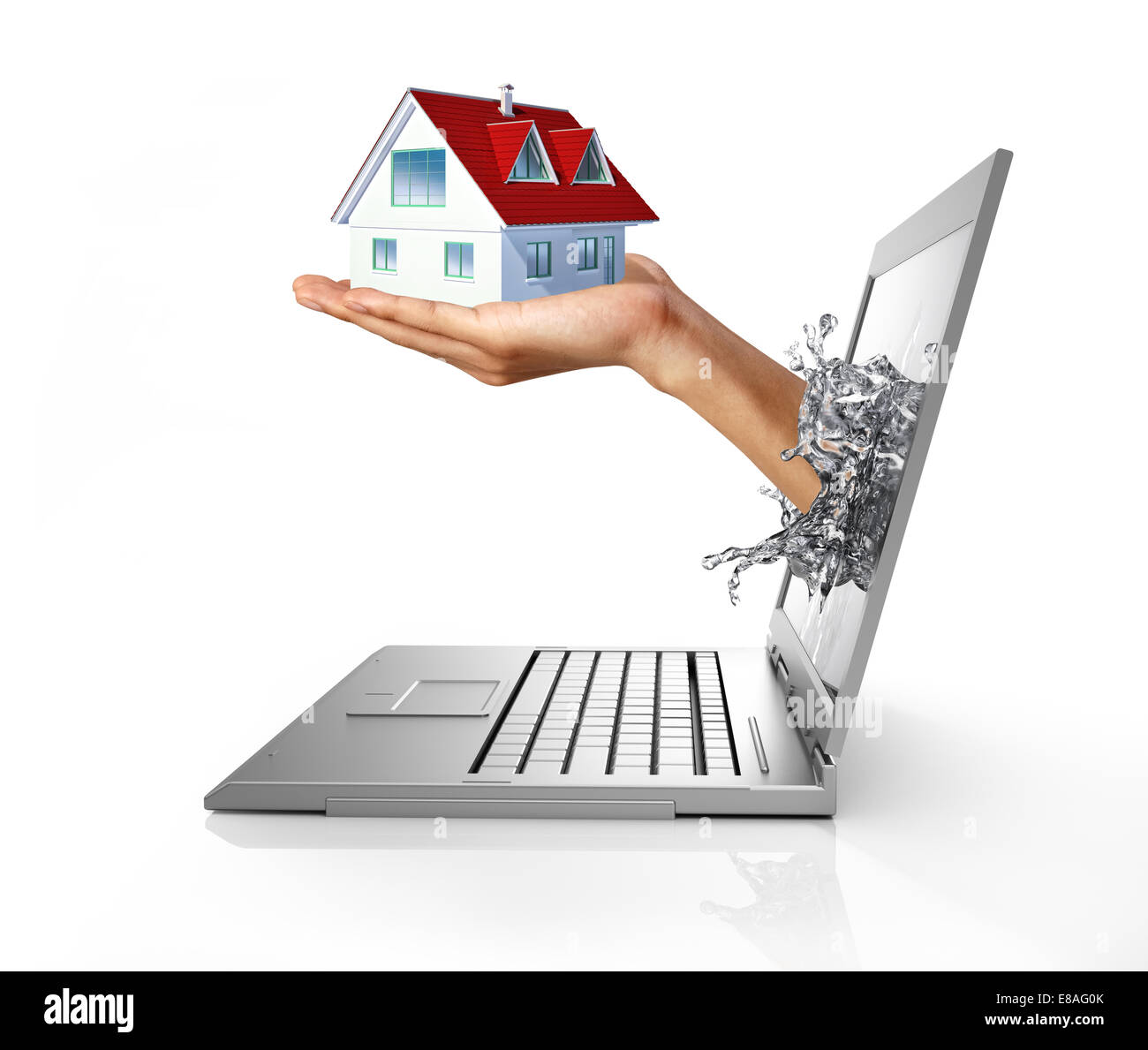 Man's hands, splashing out from a computer laptop screen, holding a house on it. Stock Photo