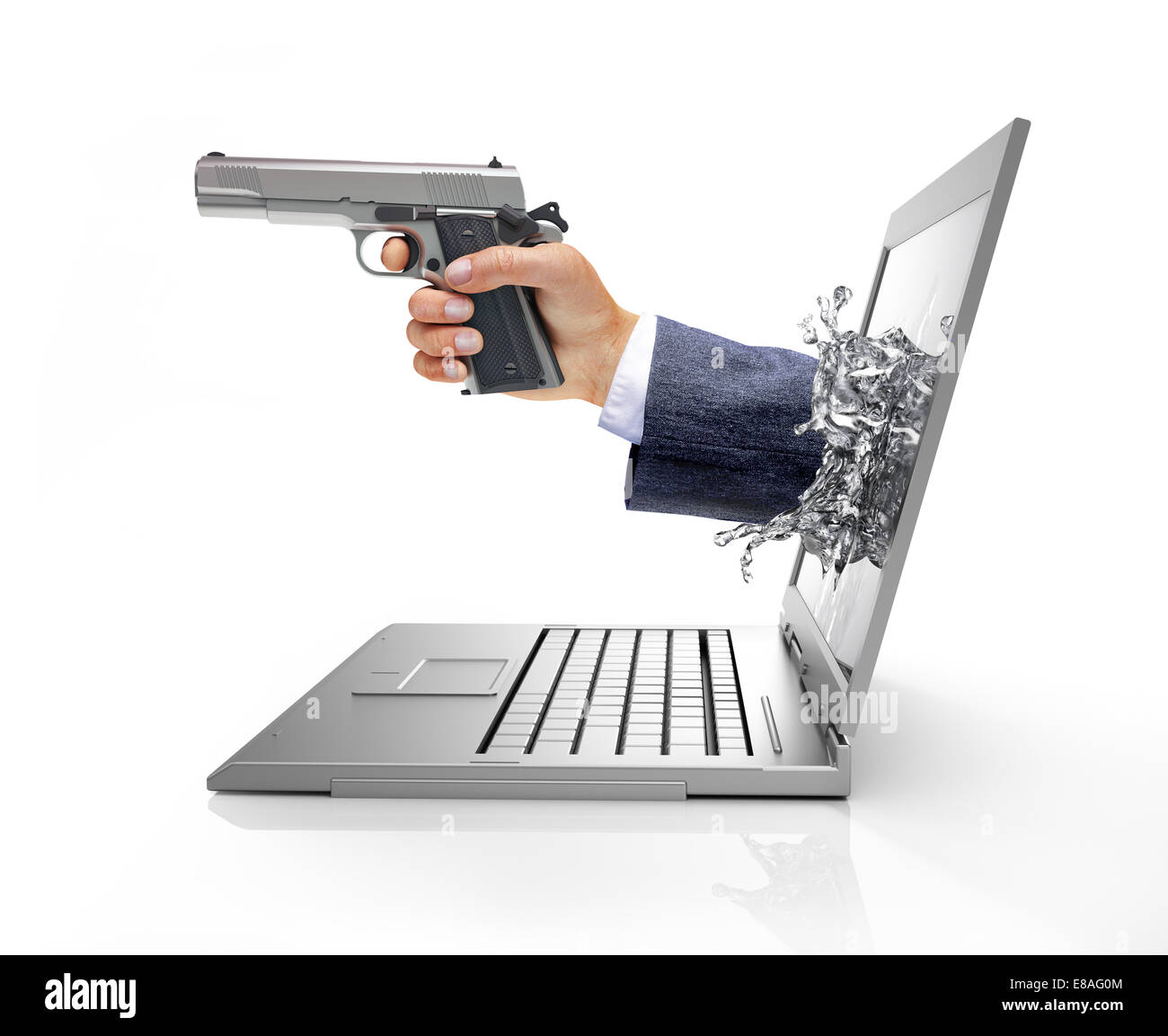 Man's hands, coming out from a computer laptop screen, forming a splash from liquid crystals, holding a silver gun. Viewed from Stock Photo