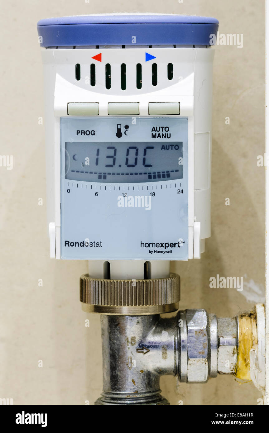 Programmable thermostatic radiator valve (TRV) set to 13C, allowing different temperatures to be selected at different times. Stock Photo