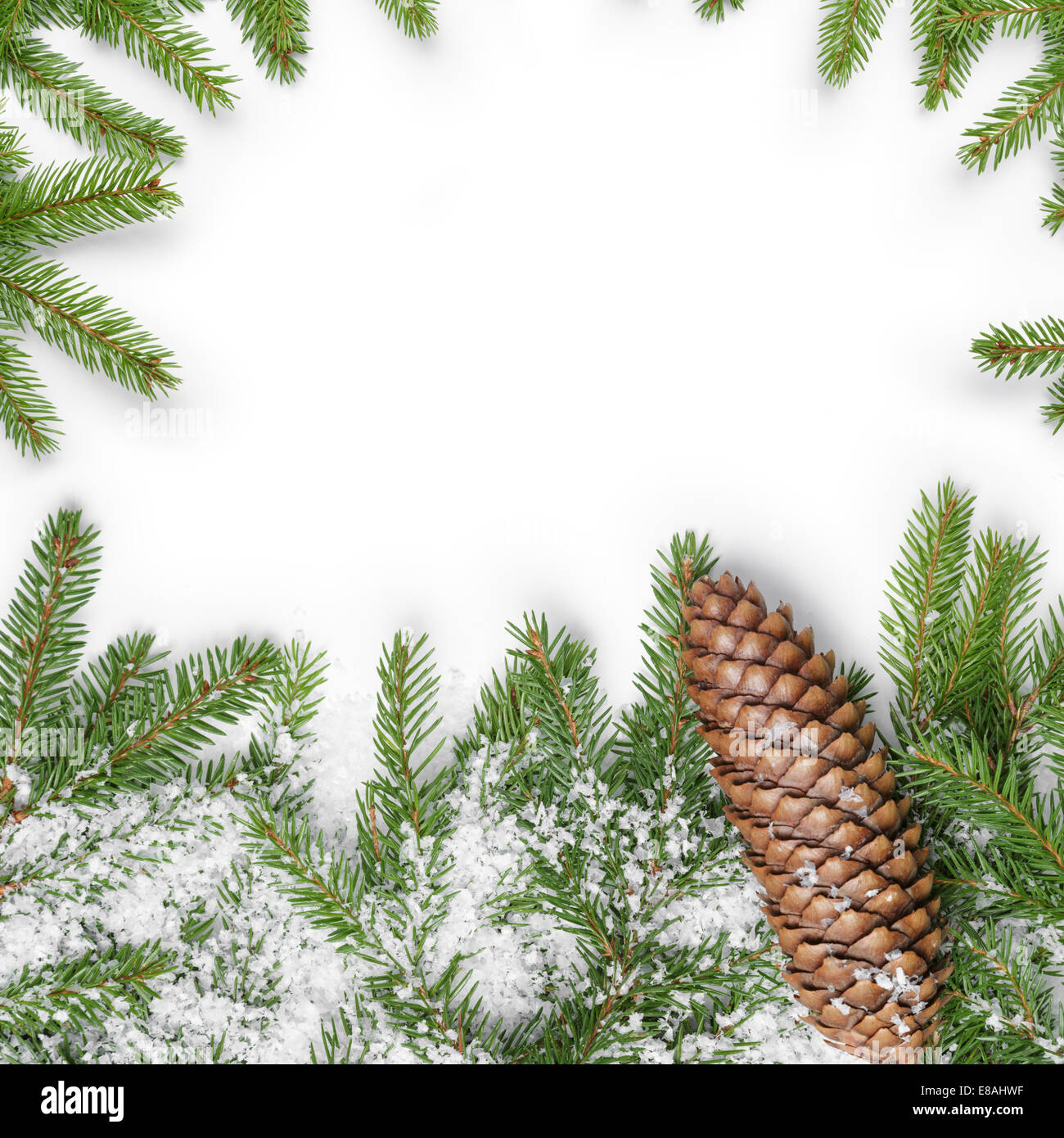 square composition with fir twigs and cone, christmas decoration white background Stock Photo