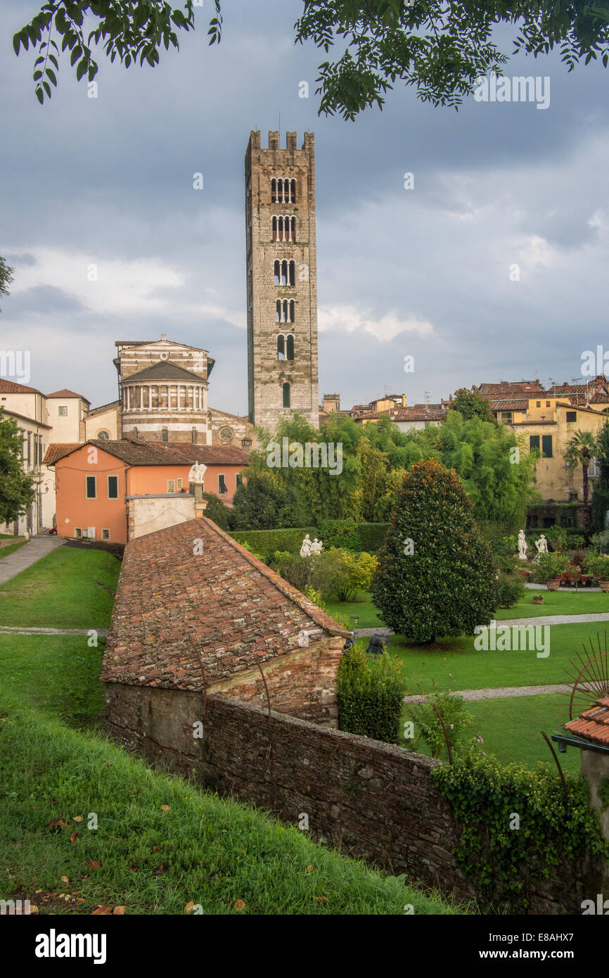Lucca as viewed from the city walls, Tuscany, Italy Stock Photo