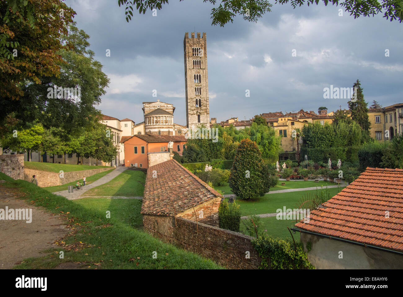 Lucca as viewed from the city walls, Tuscany, Italy Stock Photo
