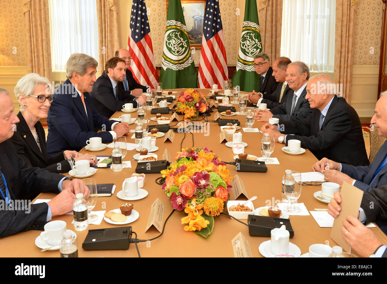 U.S. Secretary of State John Kerry meets with Arab League Secretary General Nabil al-Araby in New York City on September 23, 2014. The Secretary is holding meetings in conjunction with the 69th Session of the United Nations General Assembly. Stock Photo