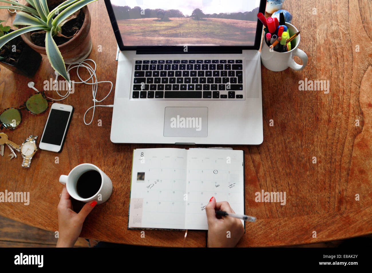 Person writing in diary with laptop on desk Stock Photo
