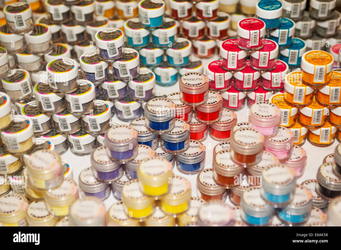 Earls Court, London UK. 3rd October 2014. Cake decoration food colourings on sale at the third Cake & Bake Show in London. Credit:  Malcolm Park editorial/Alamy Live News. Stock Photo