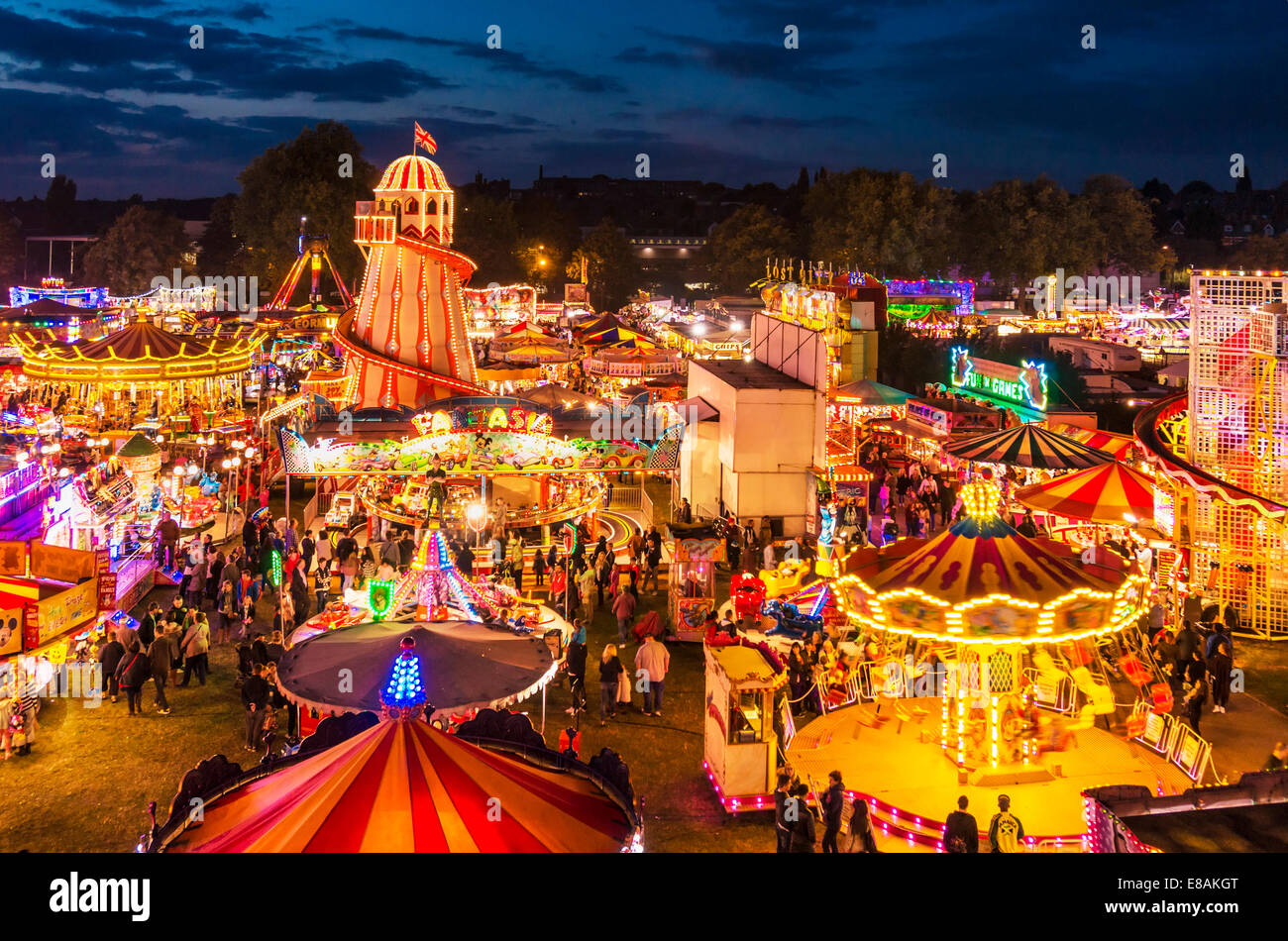 Fairground Rides At Night At The Goose Fair Nottingham East Midlands