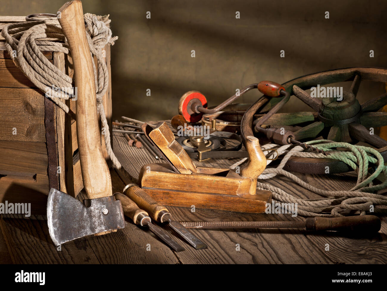 still life with plane and old tools Stock Photo