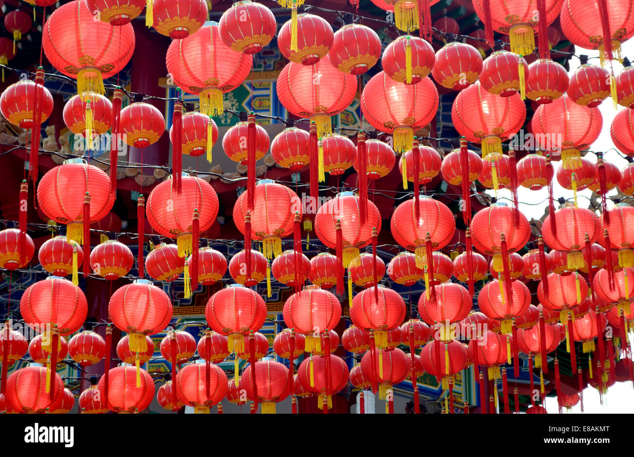 Red lanterns hanging in rows in temple to celebrate Chinese new year ...