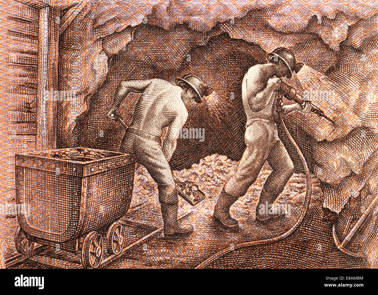 Detail from a Peruvian 5000 Soles banknote showing miners Stock Photo