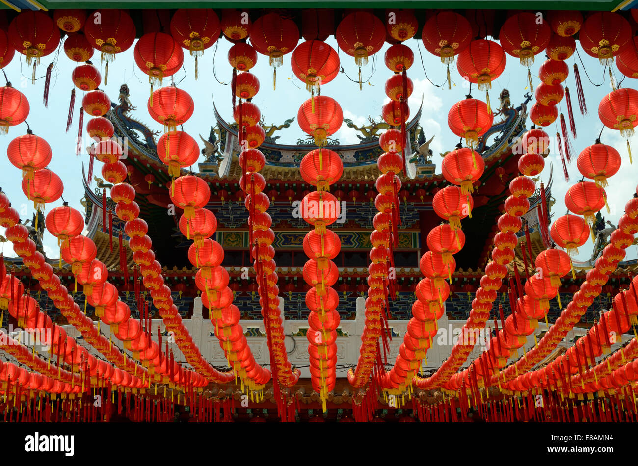 Red lanterns hanging in rows in temple to celebrate Chinese new year ...