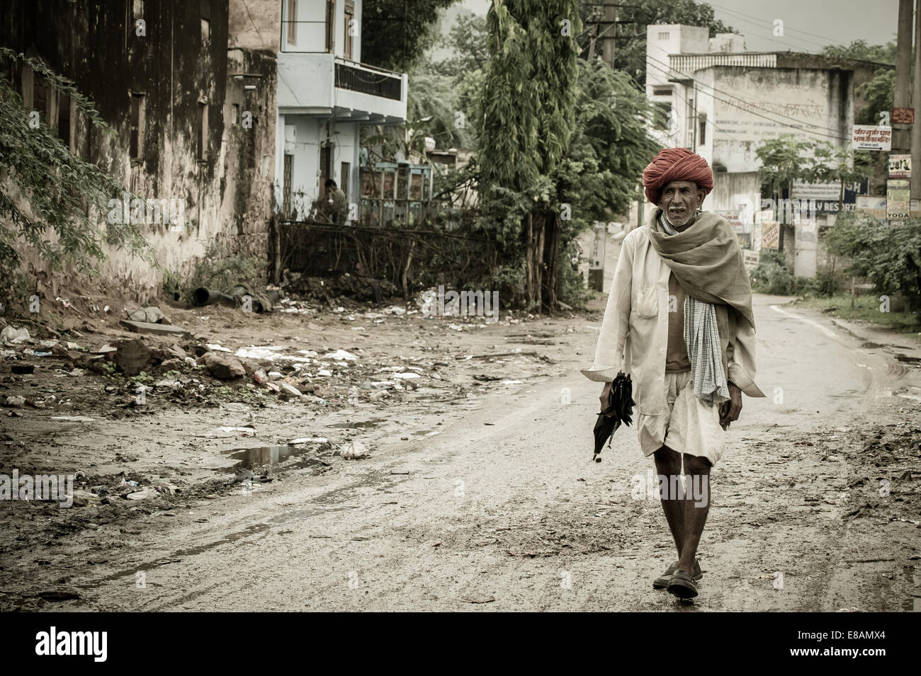 Rural Life in Rajasthan, walking man  in traditional clothes Stock Photo