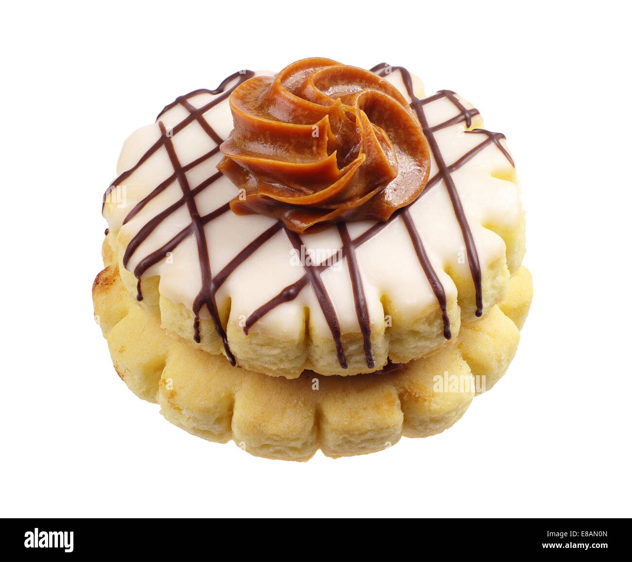 Small round cake with icing and chocolate isolated on white background ...