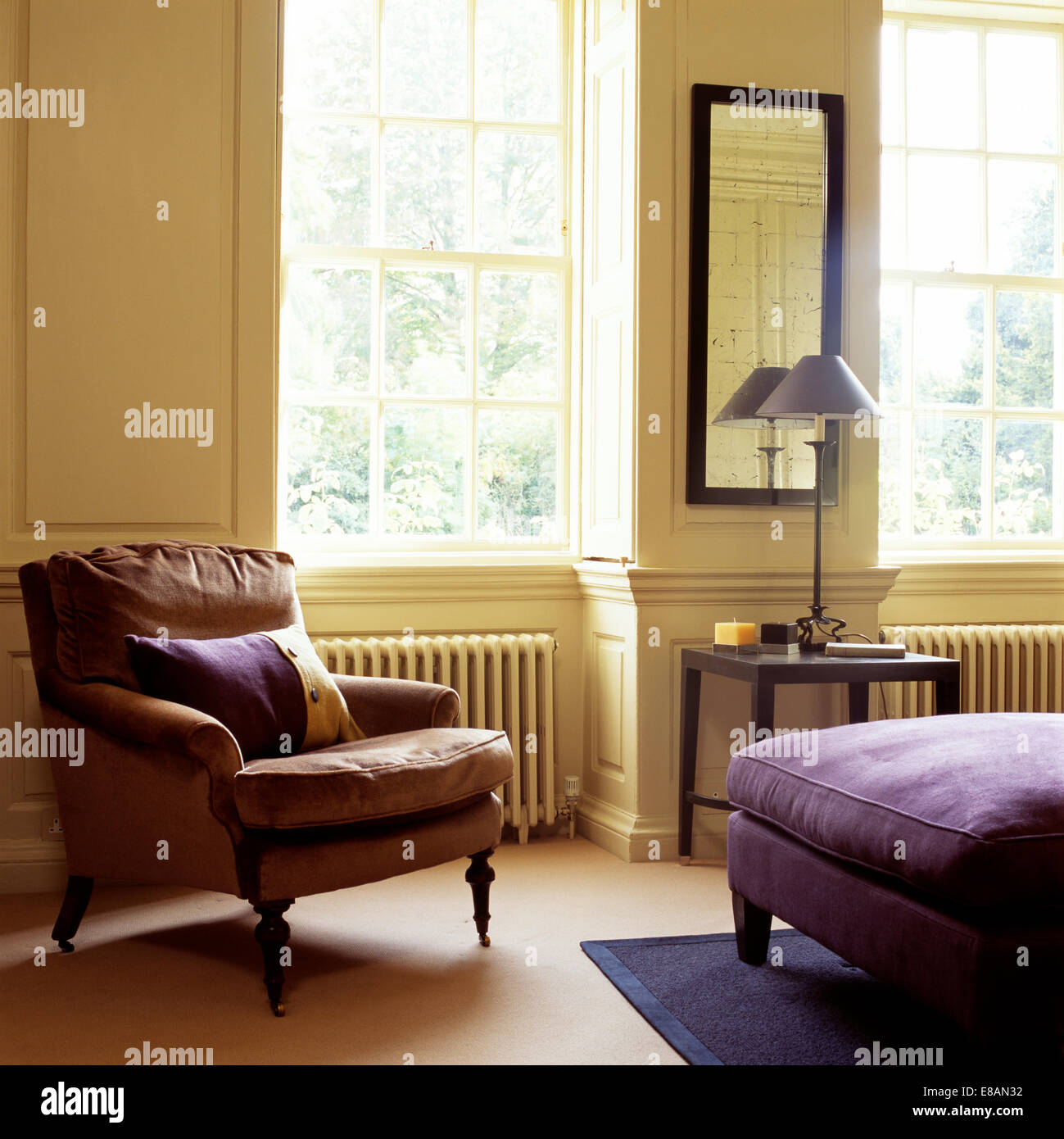 Brown Leather Armchair In Cream Country Bedroom With Purple