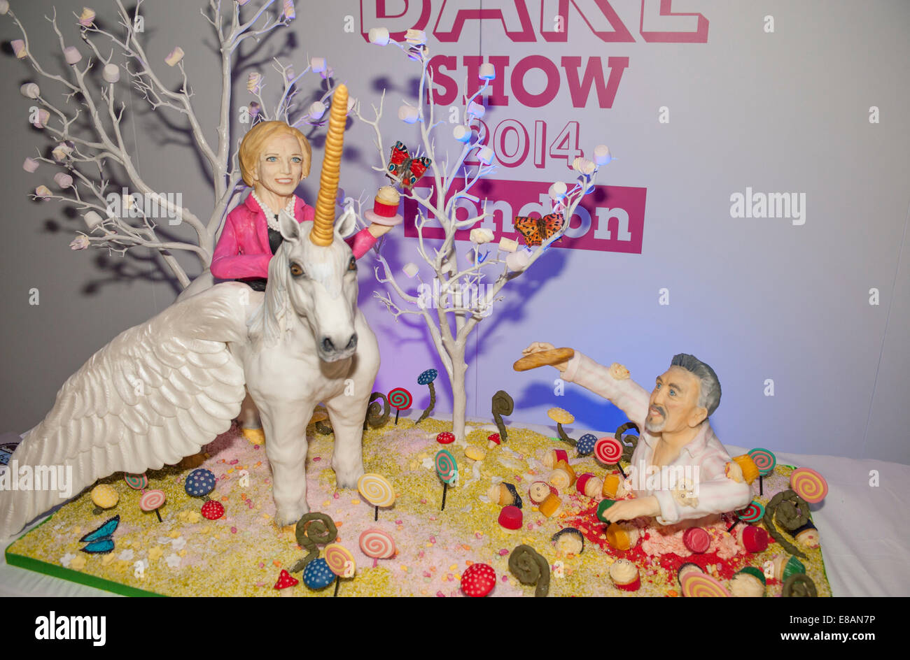 Earls Court, London UK. 3rd October 2014. Decorated cake featuring Mary Berry and Paul Holywood from the Great British Bake Off TV programme at the third Cake & Bake Show in London. Credit:  Malcolm Park editorial/Alamy Live News. Stock Photo