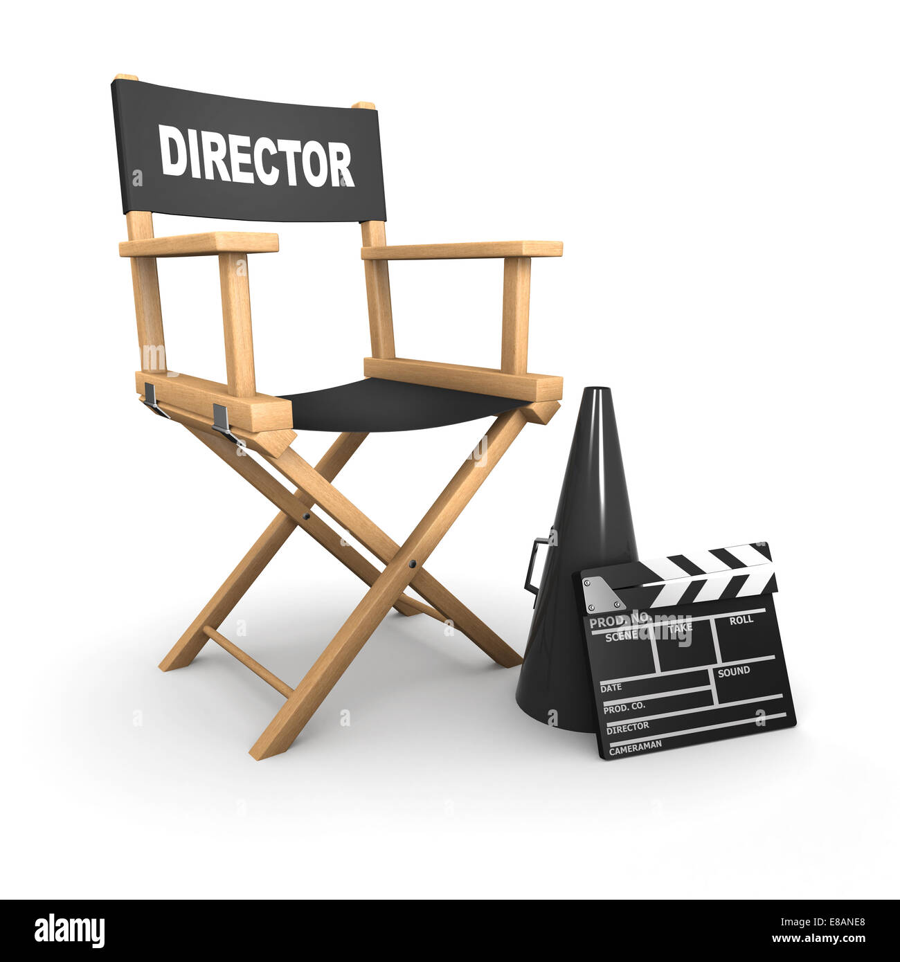 3d render of a directors chair, megaphone and clapperboard Stock Photo