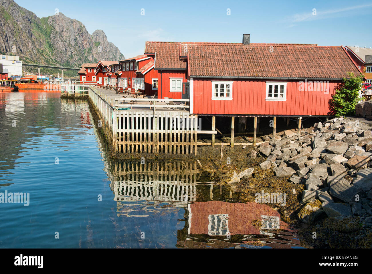 traditional rorbuer fishermens cabins in Svolvaer harbour in the Lofoten Islands, Norway Stock Photo