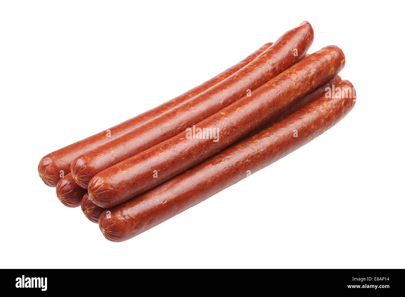 Thin smoked sausage isolated on white background Stock Photo