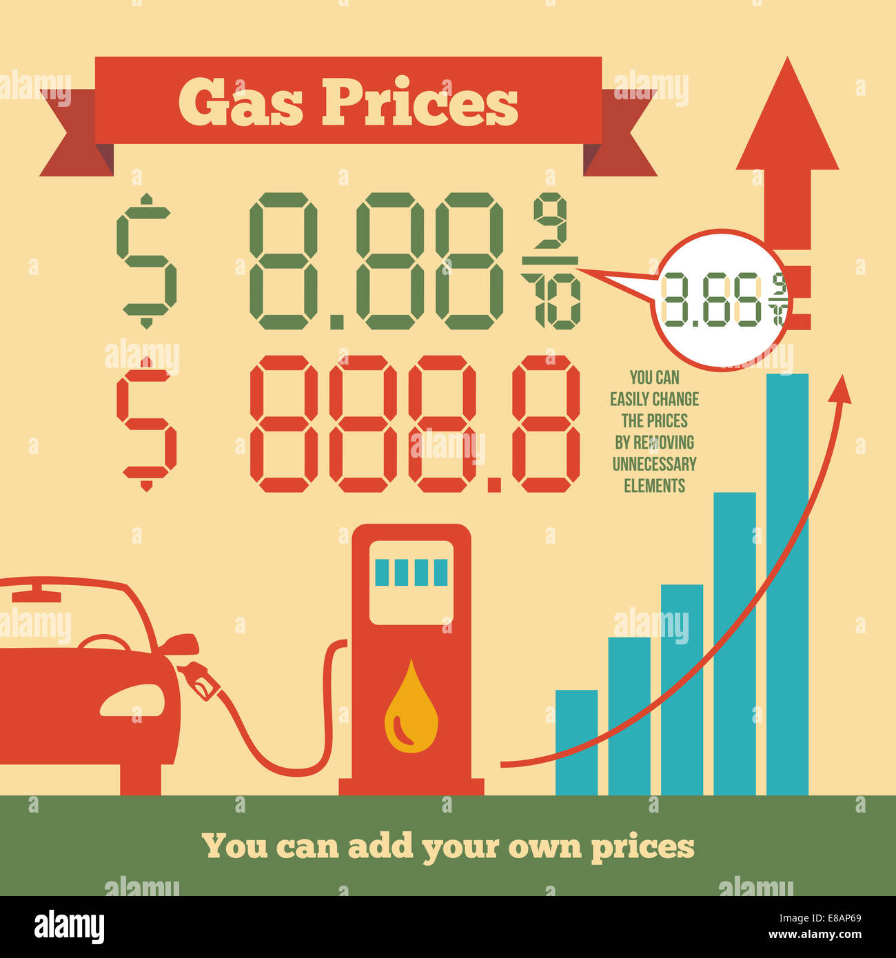 Infographics rising fuel prices where you can add your own prices Stock Photo