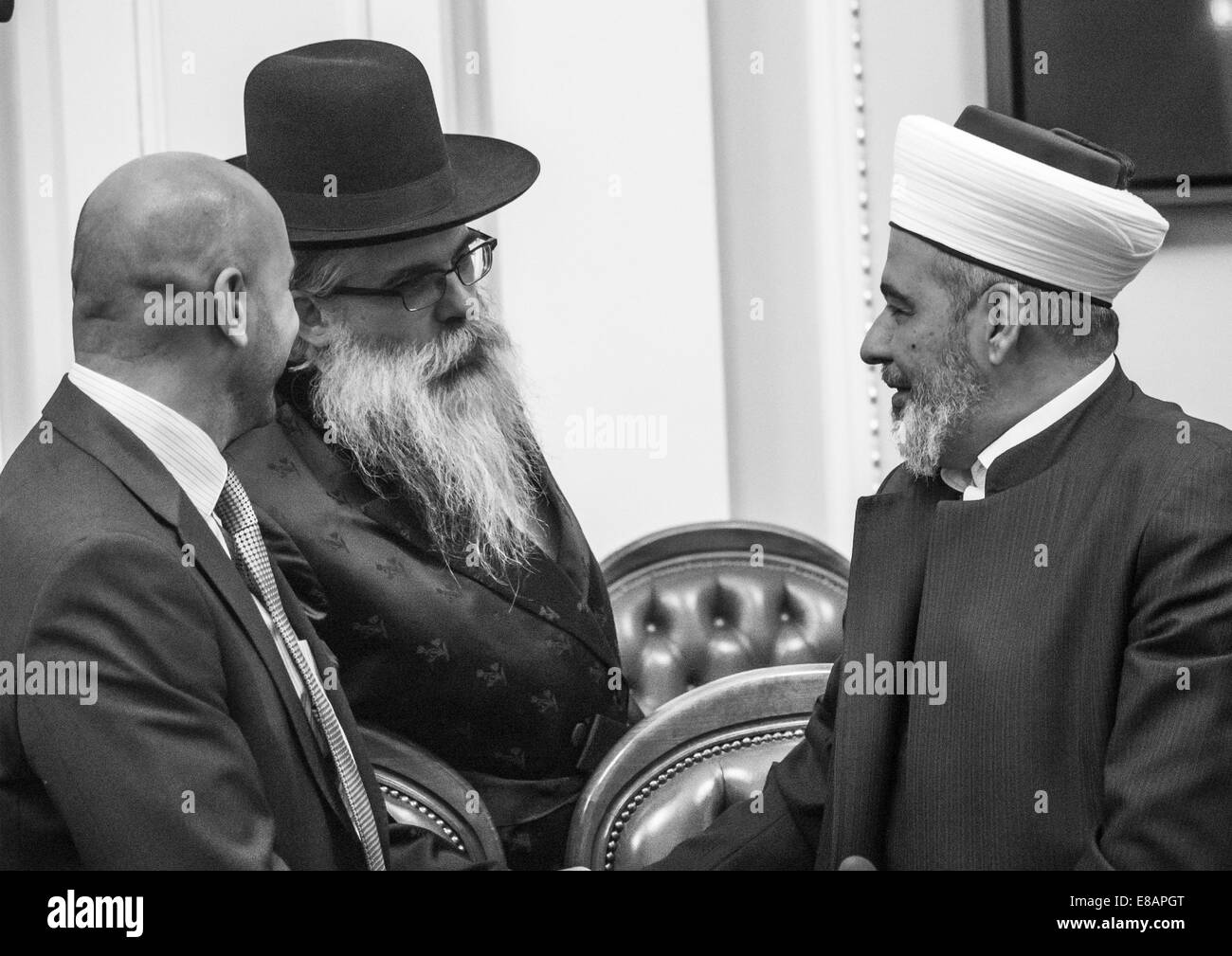 Oct. 3, 2014 - Chief Rabbi of Kiev and Ukraine Yaakov Dov Bleich and Grand Mufti of Ukraine Sheikh Ahmad Tamim -- Prime Minister of Ukraine Arseniy Yatsenyuk and Chairman of the Verkhovna Rada of Ukraine Oleksandr Turchynov met with members of the All-Ukrainian Council of Churches and Religious Organizations.Alexander Turchin asked participants of the event to call worshipers to go for early parliamentary elections. Meanwhile assembled said about the threat of inter-religious conflict in Ukraine and asked to refrain from harsh statements and power grabs temples. In addition, representatives o Stock Photo