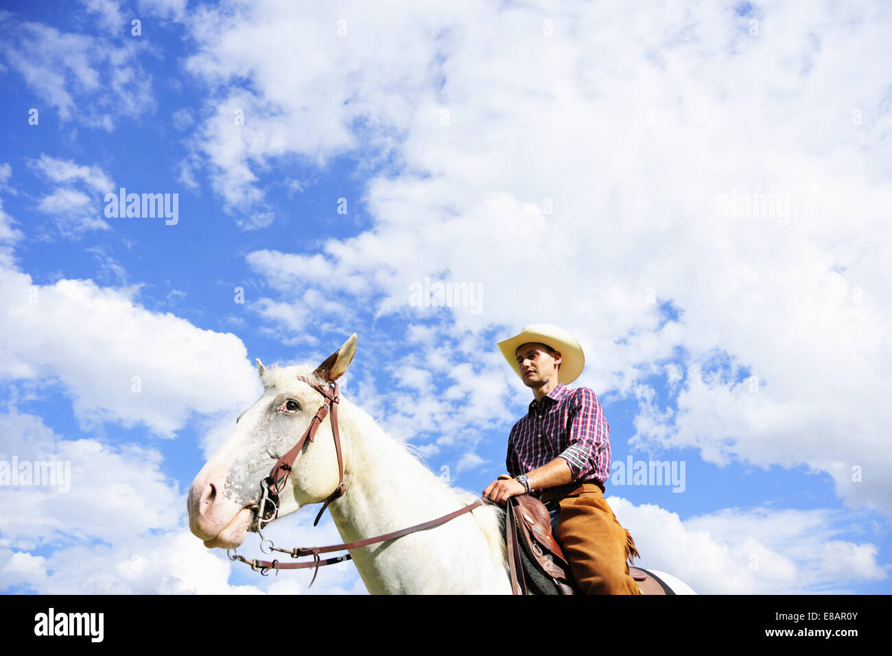 Low angle portrait of young man in cowboy gear riding horse Stock Photo