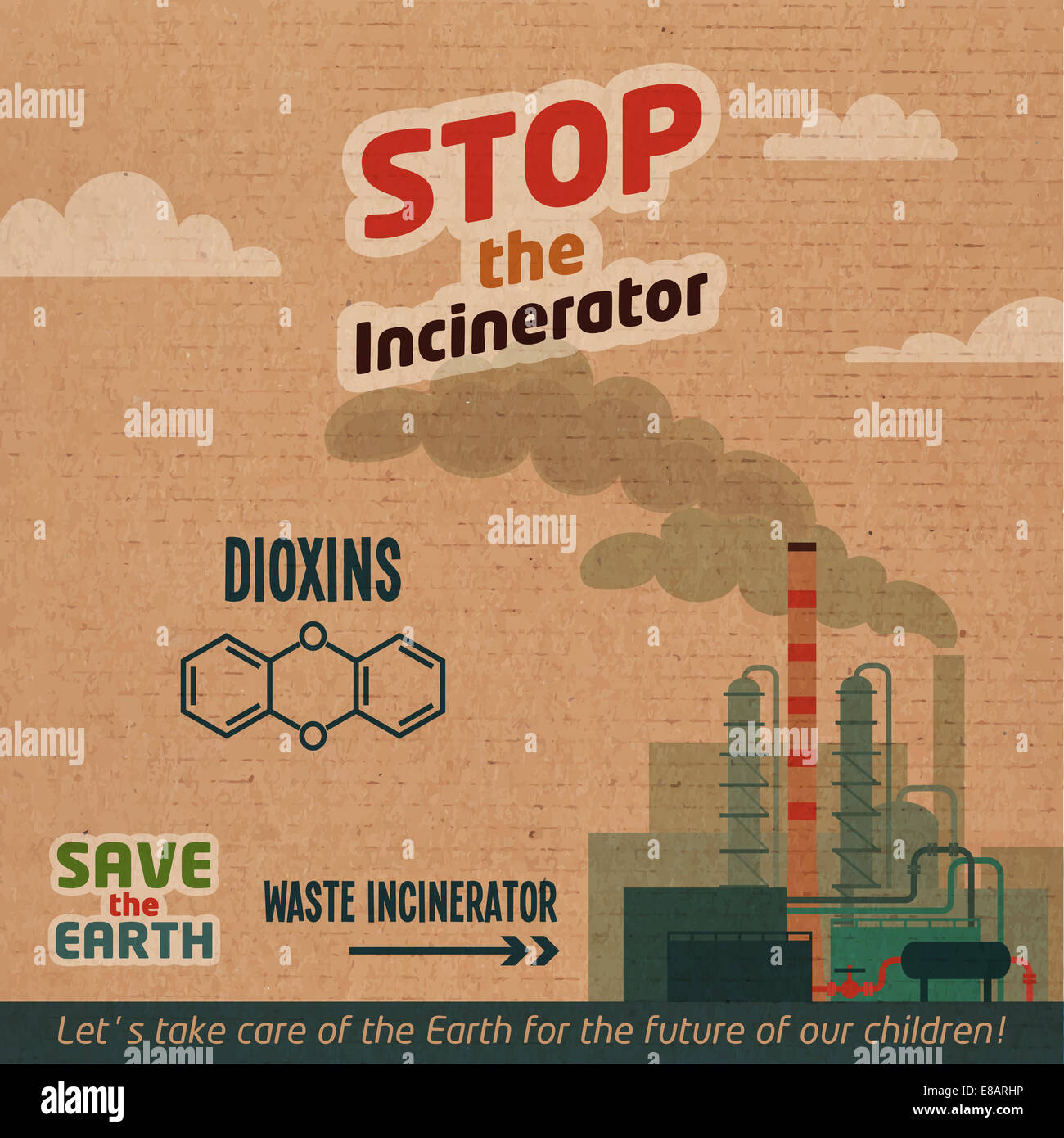 Stop incinerators. Waste incineration plants dioxin emissions. Save the Earth eco illustration on cardboard background Stock Photo
