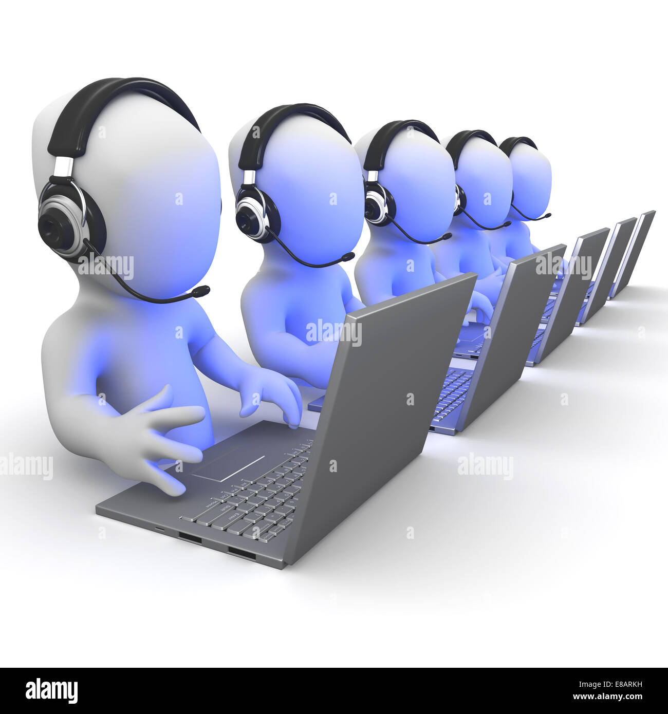 3d render of a group of little people working on laptops wearing headsets Stock Photo