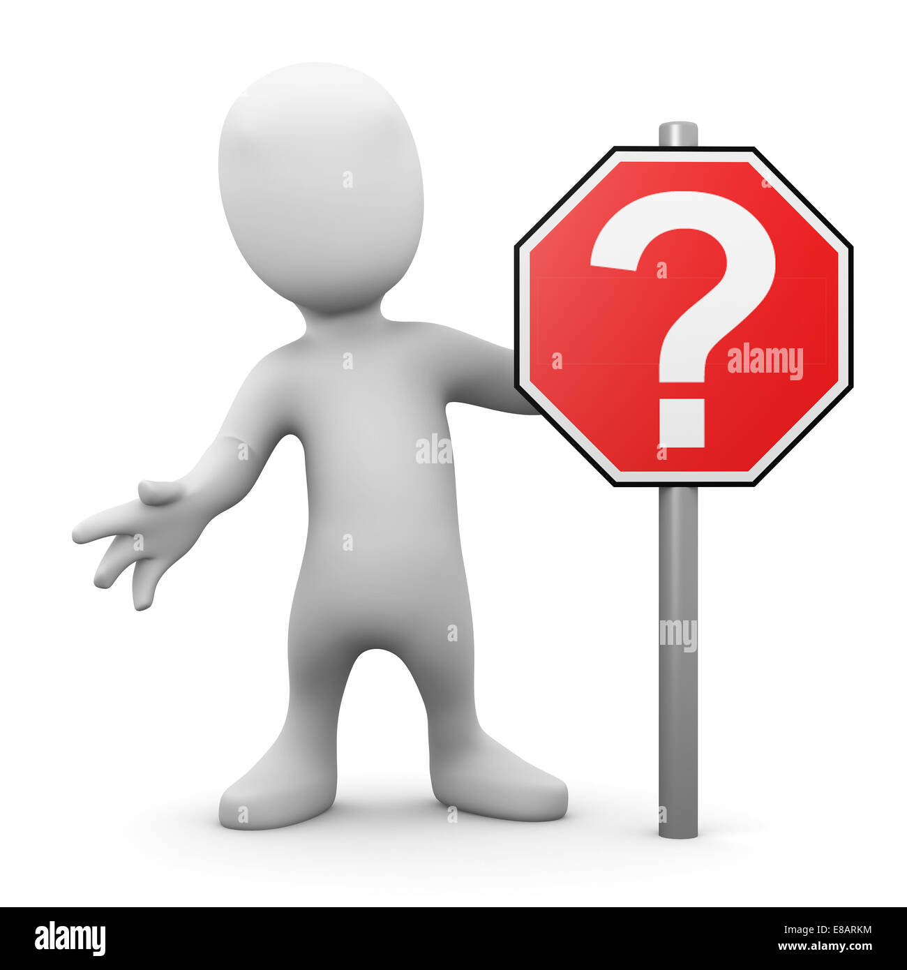 3d render of a little person stood next to a road sign marked with a question mark Stock Photo